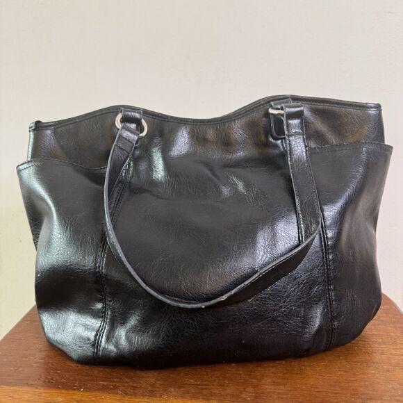 NINE WEST Black Faux Leather Shopper Shoulder Purse Hobo Bag Handbag Grunge 90s - Picture 5 of 9